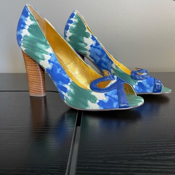 Naughty Monkey ‘Heart Felt’ Canvas Blue & Green Watercolor Peep Toe Heel, 10 - Picture 7 of 12